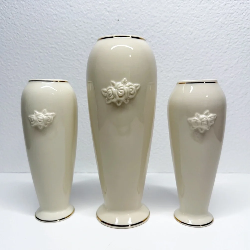 Lenox Gold Trim Rose Blossom Bud Vases Set of 3
